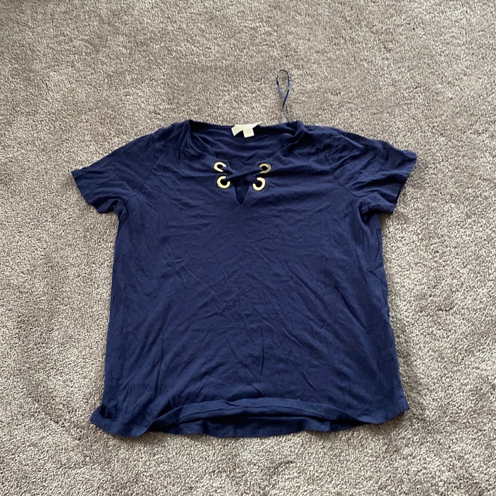 Michael Kors Navy Blue Lace Up Grommet Short Sleeve Top SIZE L